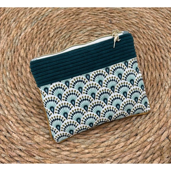 Trousse Ana en velours artisanal bleu canard paon