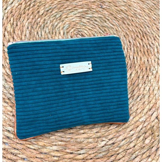 Trousse Ana en velours artisanal bleu canard